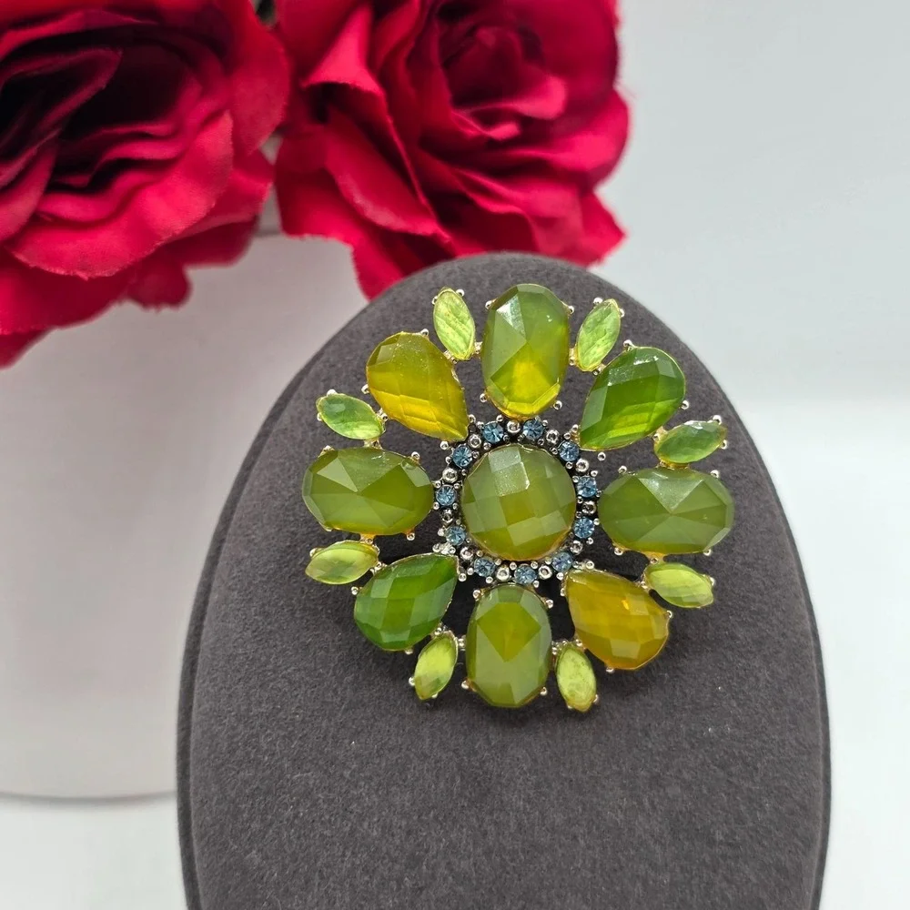 Liz Claiborne Vintage‎ Estate Art Deco Style Brooch Green Amber Gemstones Glam